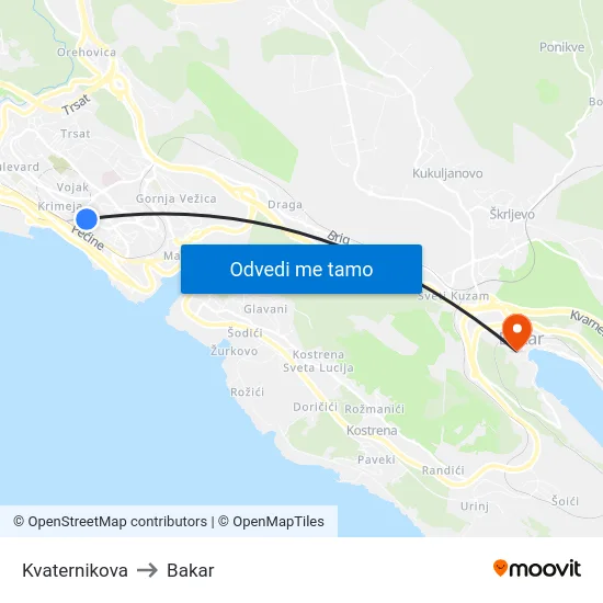 Kvaternikova to Bakar map