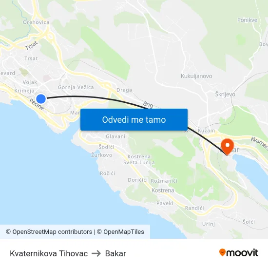Kvaternikova Tihovac to Bakar map