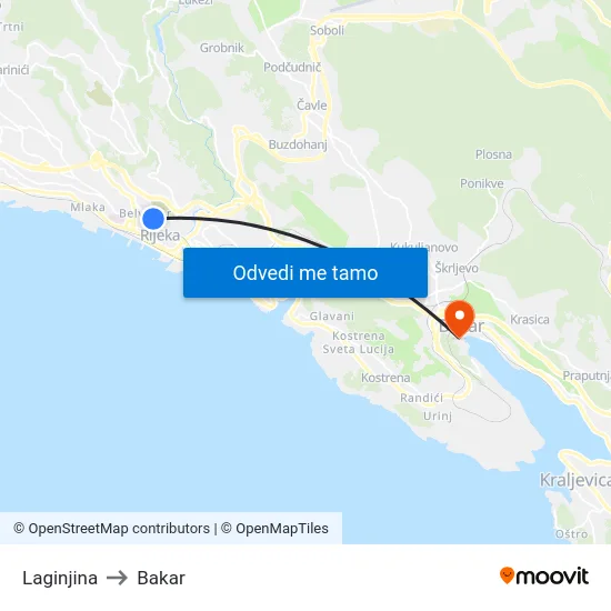 Laginjina to Bakar map