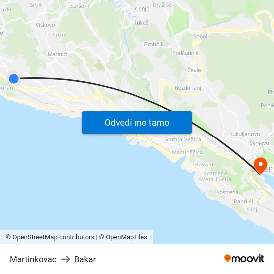 Martinkovac to Bakar map