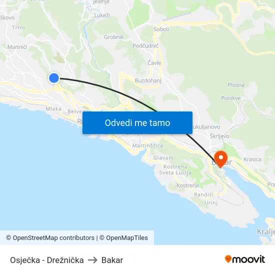 Osječka - Drežnička to Bakar map