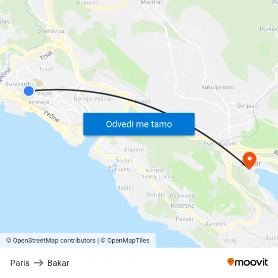 Paris to Bakar map