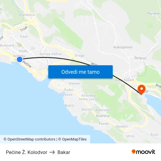 Pećine Ž. Kolodvor to Bakar map