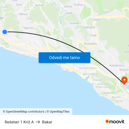 Rešetari 1 Križ A to Bakar map