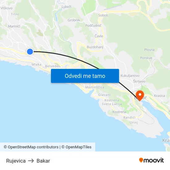 Rujevica to Bakar map