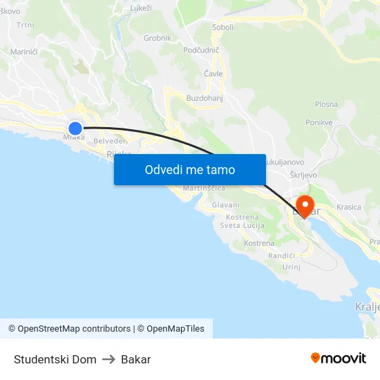 Studentski Dom to Bakar map