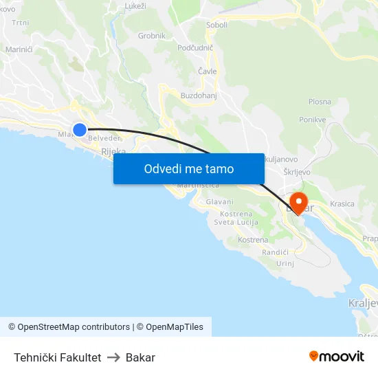 Tehnički Fakultet to Bakar map