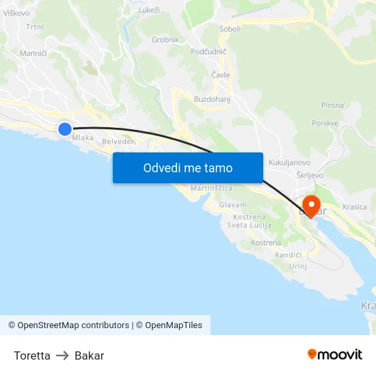 Toretta to Bakar map