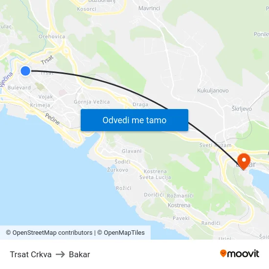 Trsat Crkva to Bakar map