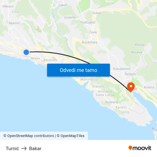 Turnić to Bakar map