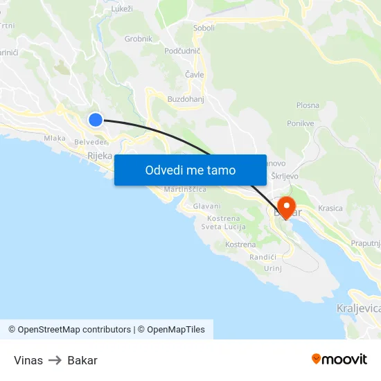 Vinas to Bakar map