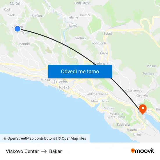 Viškovo Centar to Bakar map