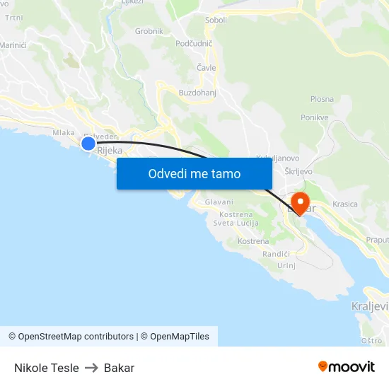 Nikole Tesle to Bakar map