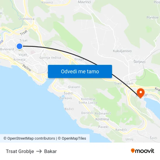 Trsat Groblje to Bakar map