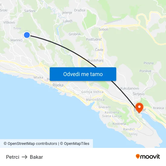 Petrci to Bakar map