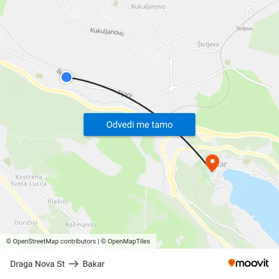 Draga Nova St to Bakar map