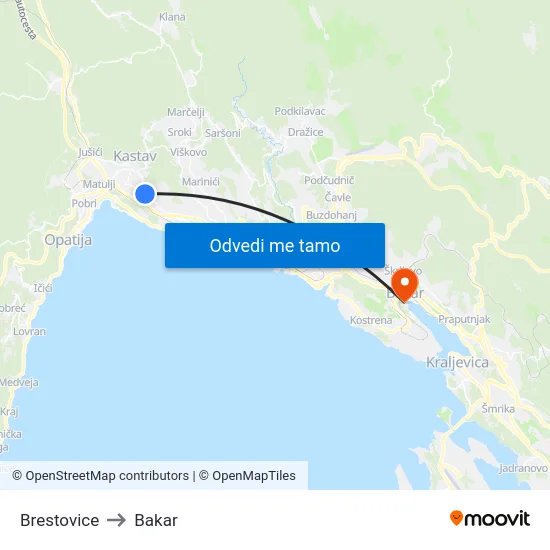 Brestovice to Bakar map