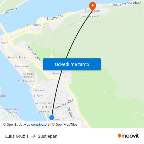 Luka Gruž 1 to Sustjepan map