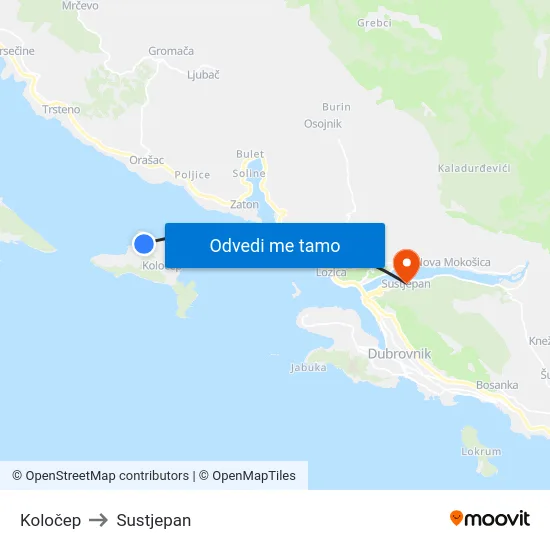 Koločep to Sustjepan map