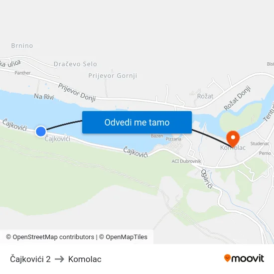 Čajkovići 2 to Komolac map