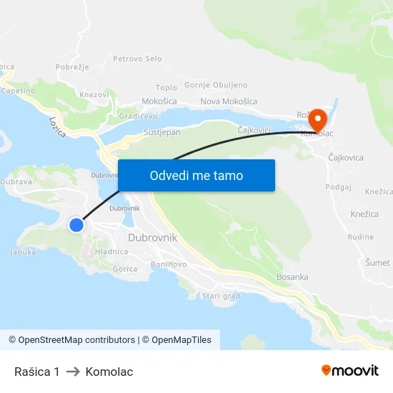 Rašica 1 to Komolac map