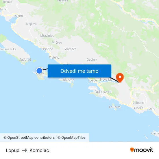Lopud to Komolac map