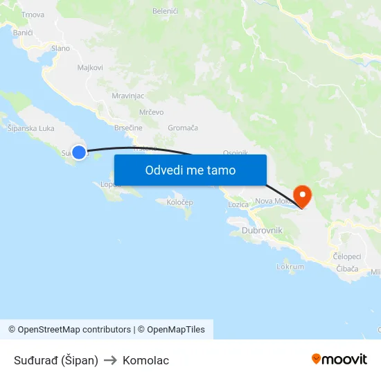 Suđurađ (Šipan) to Komolac map