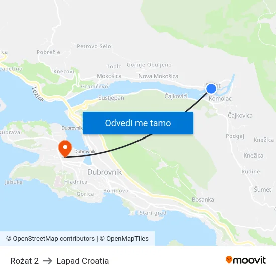 Rožat 2 to Lapad Croatia map