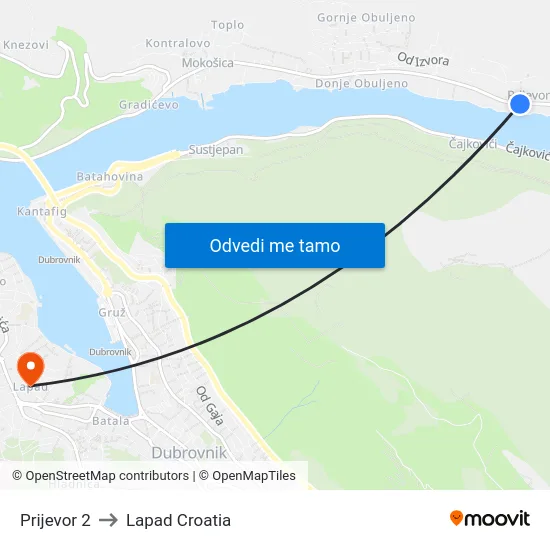 Prijevor 2 to Lapad Croatia map