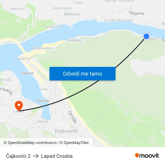 Čajkovići 2 to Lapad Croatia map