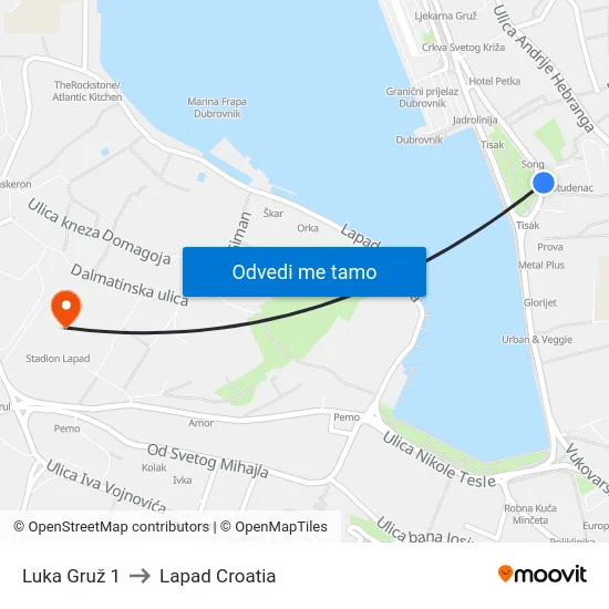 Luka Gruž 1 to Lapad Croatia map