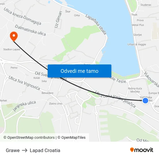 Grawe to Lapad Croatia map