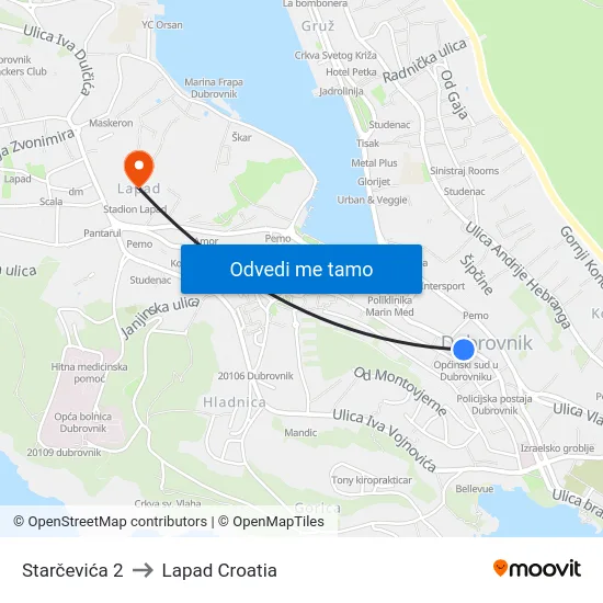 Starčevića 2 to Lapad Croatia map