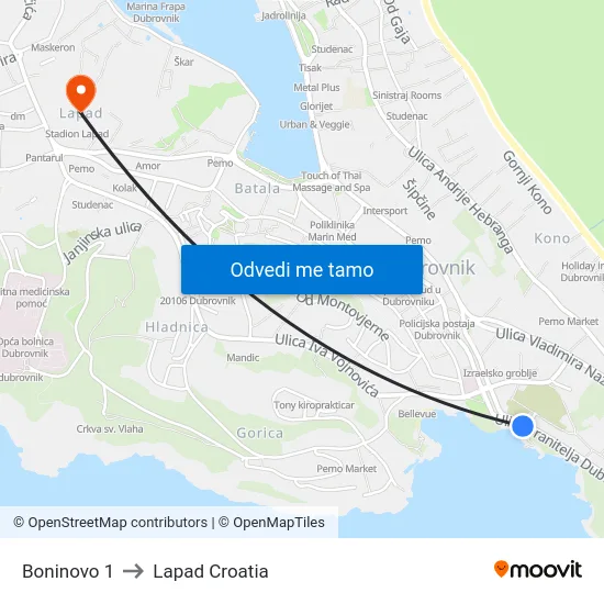 Boninovo 1 to Lapad Croatia map