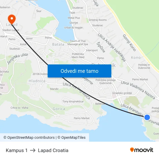 Kampus 1 to Lapad Croatia map