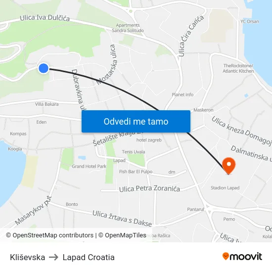 Kliševska to Lapad Croatia map