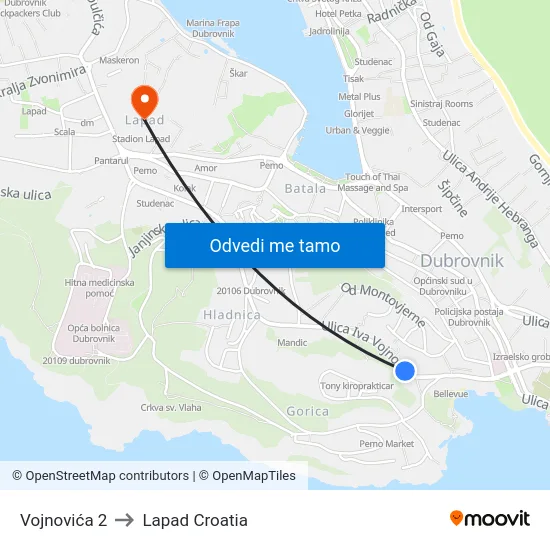 Vojnovića 2 to Lapad Croatia map