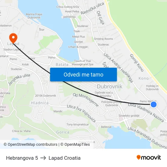 Hebrangova 5 to Lapad Croatia map