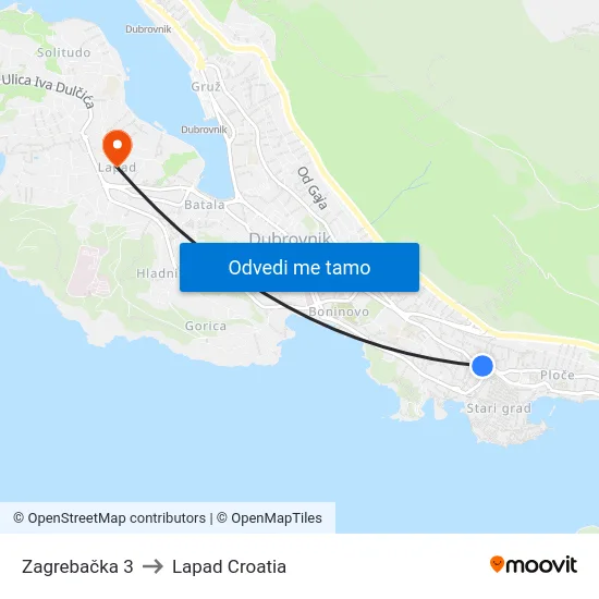 Zagrebačka 3 to Lapad Croatia map