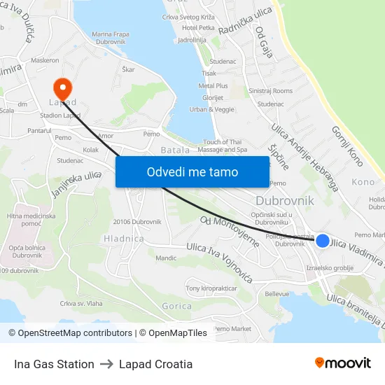 Ina Gas Station to Lapad Croatia map