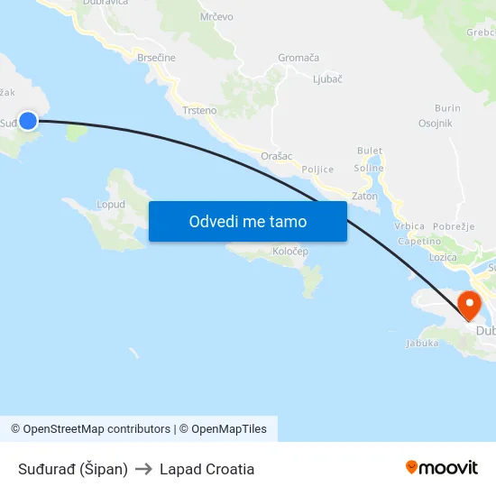 Suđurađ (Šipan) to Lapad Croatia map