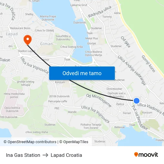 Ina Gas Station to Lapad Croatia map
