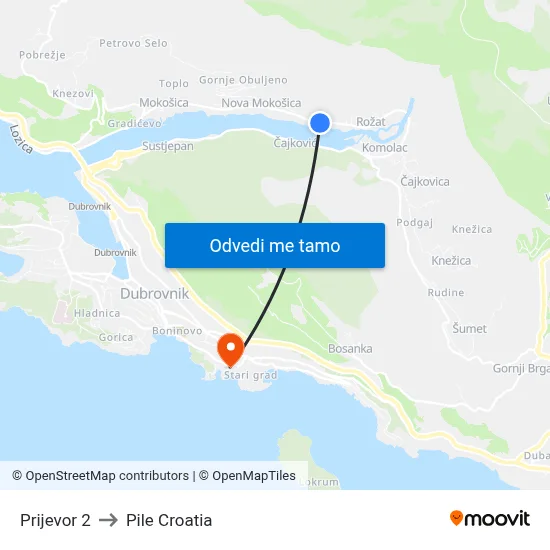 Prijevor 2 to Pile Croatia map