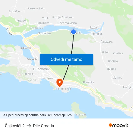 Čajkovići 2 to Pile Croatia map