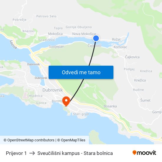 Prijevor 1 to Sveučilišni kampus - Stara bolnica map