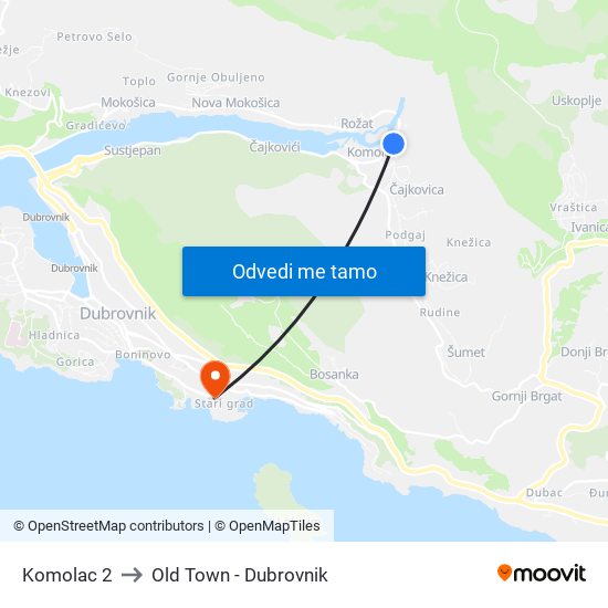 Komolac 2 to Old Town - Dubrovnik map