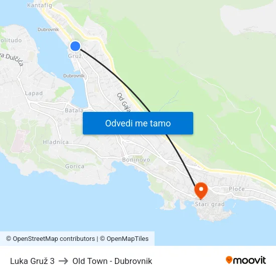 Luka Gruž 3 to Old Town - Dubrovnik map