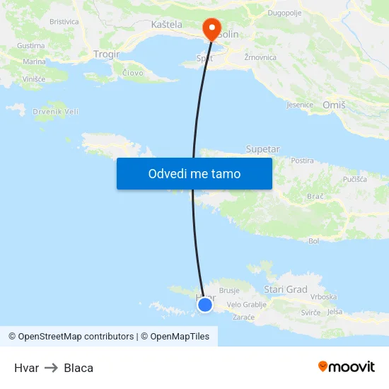 Hvar to Blaca map