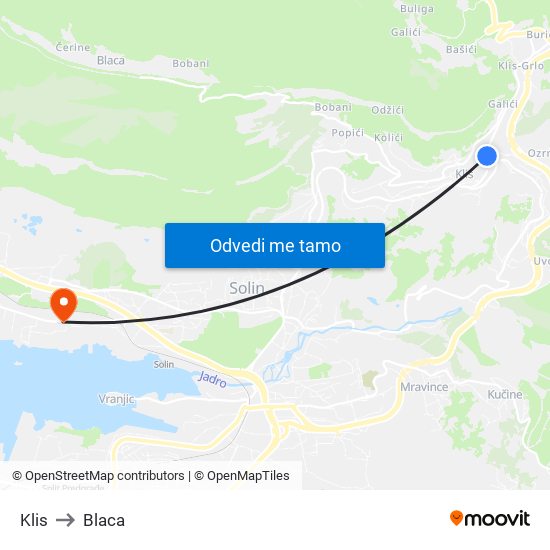 Klis to Blaca map