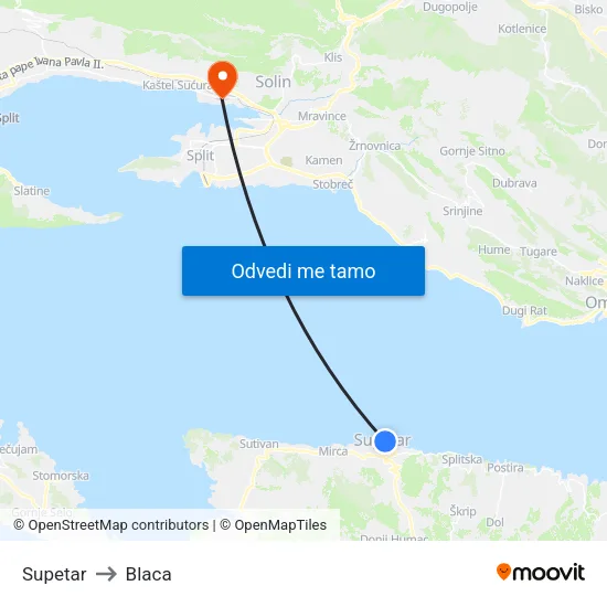 Supetar to Blaca map